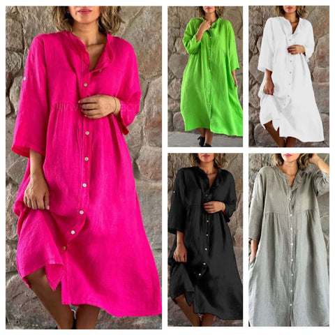 Casual Standing Collar Button long Dress - Believe Grace 
