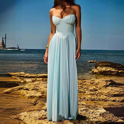 Blue Strapless Slimming Pleated Tight Dress - Believe Grace 