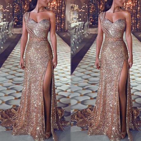 Women's Clothing One-shoulder Sleeveless Bronzing Split Dress - Believe Grace 