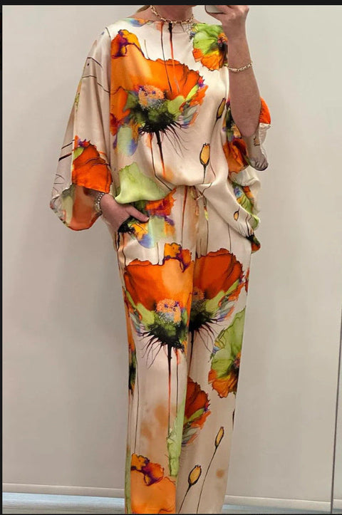 Casual Round Neck Printed Satin Suit Believe grace