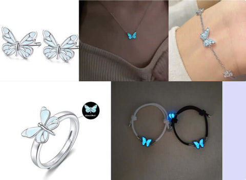 Fashion Blue Luminous Butterfly Necklace Bracelet Set For Glow In The Dark Women Clavicle Chain Choker Party Jewelry Set Gift - Believe Grace 