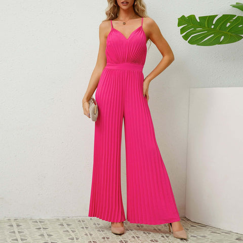 V-neck Suspender Pleated Jumpsuit Solid Color Loose Straight Pants Womens Clothing - Believe Grace 