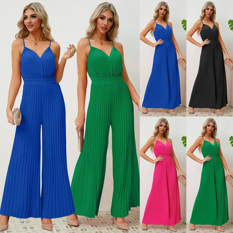 V-neck Suspender Pleated Jumpsuit Solid Color Loose Straight Pants Womens Clothing - Believe Grace 
