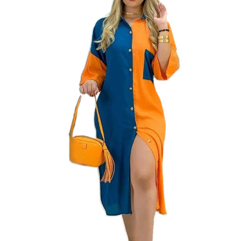 New Mid-waist Long Skirt Printed Stretch Wrap Hip Collar Pocket Button Contrast Dress - Believe Grace 