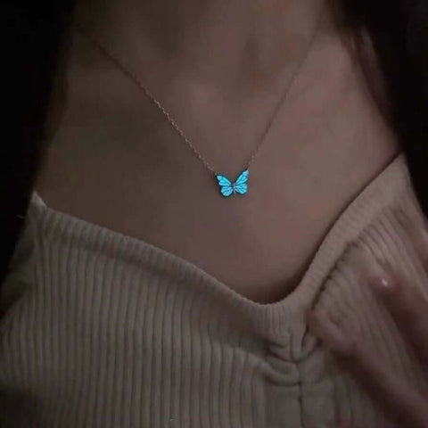 Fashion Blue Luminous Butterfly Necklace Bracelet Set For Glow In The Dark Women Clavicle Chain Choker Party Jewelry Set Gift - Believe Grace 