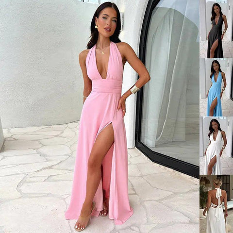 Sexy Halterneck V-neck Slit Dress Summer Backless Strappy Skirt Fashion Temperament Clothing Women - Believe Grace 