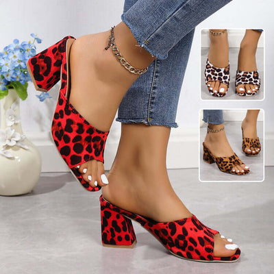 Leopard Square Toe Sandals Summer High-heeled Slippers Chunky Heel Shoes For Women - Believe Grace 