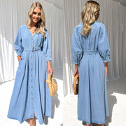 V-neck Lace-up Waist Trimming Casual Button Denim Dress - Believe Grace 