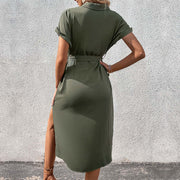 Summer Short Sleeve Long Dress With Button Pocket Design Fashion Lace-up Turn Down Collar Womens Clothing - Believe Grace 