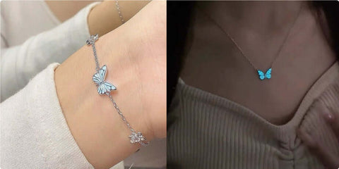 Fashion Blue Luminous Butterfly Necklace Bracelet Set For Glow In The Dark Women Clavicle Chain Choker Party Jewelry Set Gift - Believe Grace 