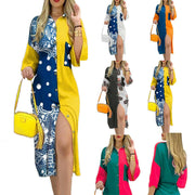 New Mid-waist Long Skirt Printed Stretch Wrap Hip Collar Pocket Button Contrast Dress - Believe Grace 