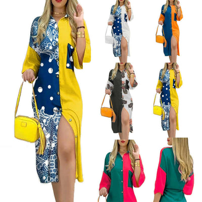 New Mid-waist Long Skirt Printed Stretch Wrap Hip Collar Pocket Button Contrast Dress - Believe Grace 