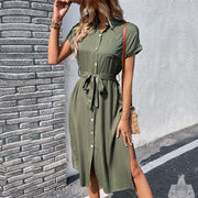 Summer Short Sleeve Long Dress With Button Pocket Design Fashion Lace-up Turn Down Collar Womens Clothing - Believe Grace 