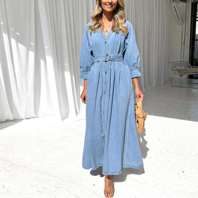 V-neck Lace-up Waist Trimming Casual Button Denim Dress - Believe Grace 