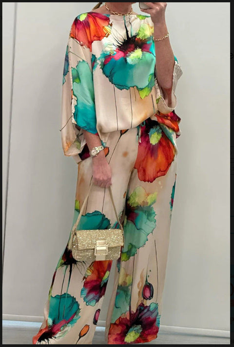 Casual Round Neck Printed Satin Suit Believe grace