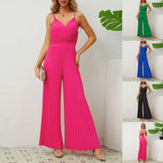 V-neck Suspender Pleated Jumpsuit Solid Color Loose Straight Pants Womens Clothing - Believe Grace 