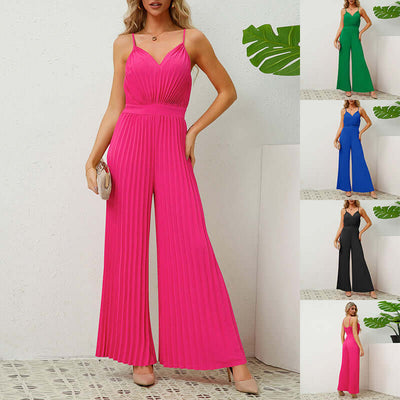 V-neck Suspender Pleated Jumpsuit Solid Color Loose Straight Pants Womens Clothing - Believe Grace 