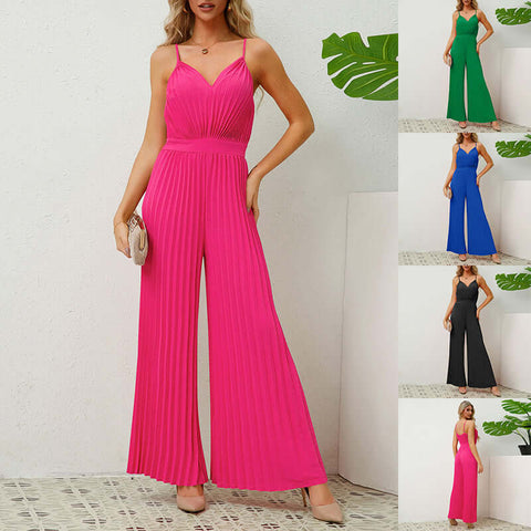 V-neck Suspender Pleated Jumpsuit Solid Color Loose Straight Pants Womens Clothing - Believe Grace 
