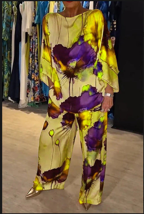 Casual Round Neck Printed Satin Suit Believe grace