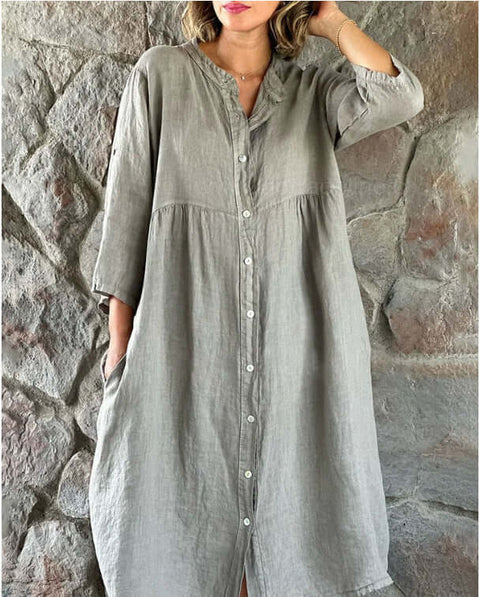 Casual Standing Collar Button long Dress - Believe Grace 