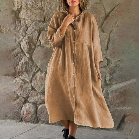 Casual Standing Collar Button long Dress - Believe Grace 