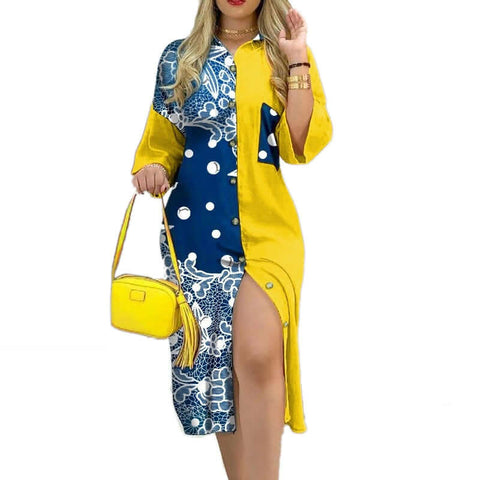 New Mid-waist Long Skirt Printed Stretch Wrap Hip Collar Pocket Button Contrast Dress - Believe Grace 