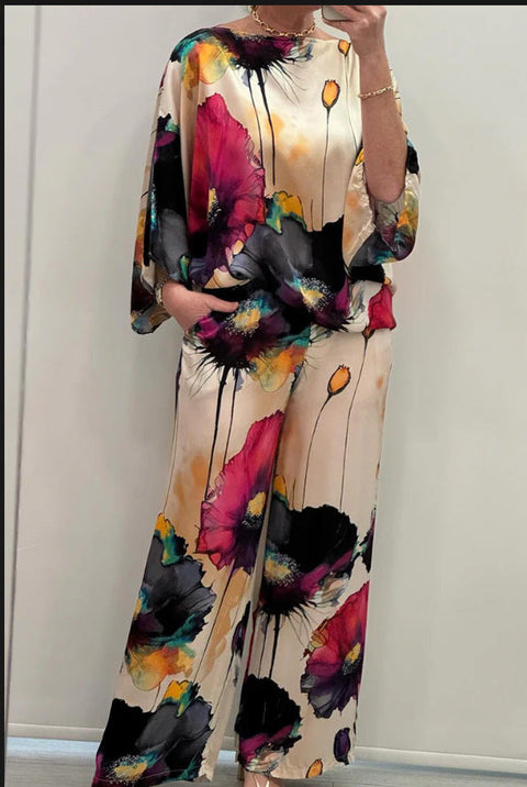 Casual Round Neck Printed Satin Suit Believe grace