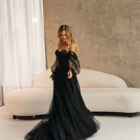 Women's Long Sleeve Transparent Lace Black Bronzing Split DressWomen's Long Sleeve Transparent Lace Black Bronzing Split Dress - Believe Grace 