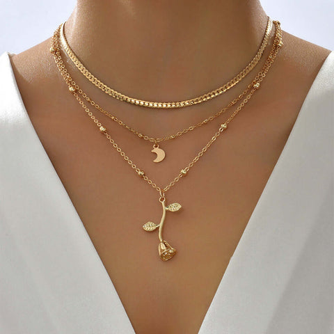 Bohemia Multilayer Moon Gold Color Pendant Necklaces For Women Rose Flower Choker Necklace 2025 Jewelry - Believe Grace 