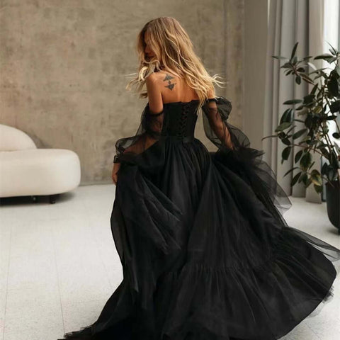 Women's Long Sleeve Transparent Lace Black Bronzing Split DressWomen's Long Sleeve Transparent Lace Black Bronzing Split Dress - Believe Grace 