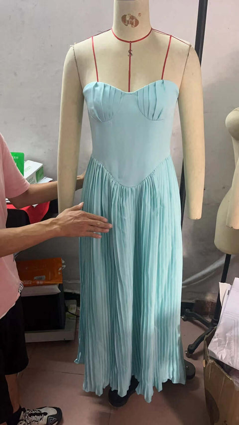 Blue Strapless Slimming Pleated Tight Dress - Believe Grace 