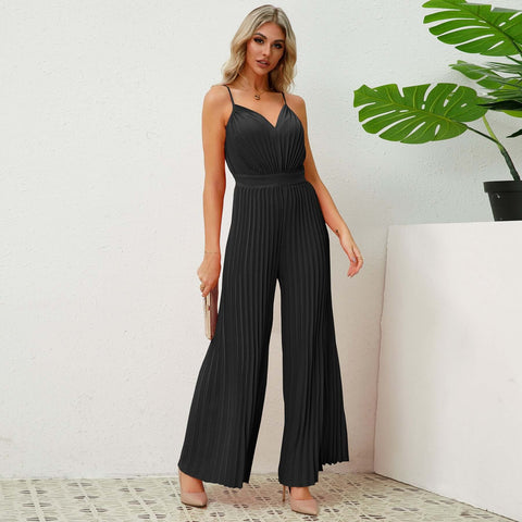 V-neck Suspender Pleated Jumpsuit Solid Color Loose Straight Pants Womens Clothing - Believe Grace 