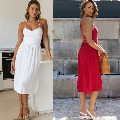 European And American Women's New V-neck Back Strap Dress Believe grace
