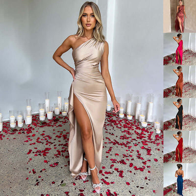 Sexy One-shoulder Backless Slit Dress Summer Elegant Slim-fit Solid Color Satin Dresses For Women - Believe Grace 