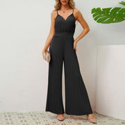 V-neck Suspender Pleated Jumpsuit Solid Color Loose Straight Pants Womens Clothing - Believe Grace 