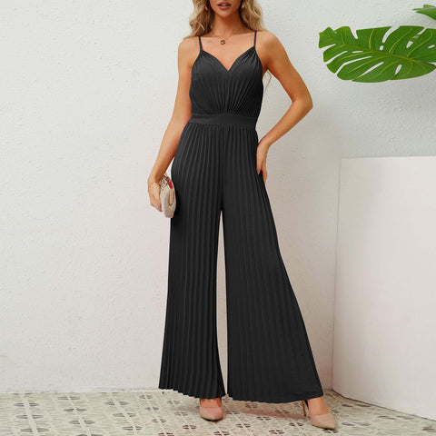 V-neck Suspender Pleated Jumpsuit Solid Color Loose Straight Pants Womens Clothing - Believe Grace 