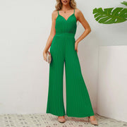 V-neck Suspender Pleated Jumpsuit Solid Color Loose Straight Pants Womens Clothing - Believe Grace 