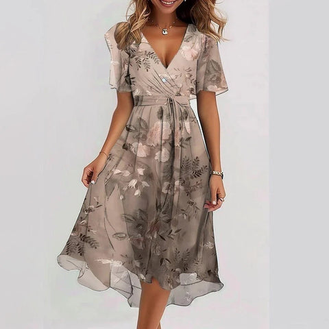 Chiffon Printed Short Sleeve Dress Summer Elegant V-neck Dresses Womens Clothing - Believe Grace 