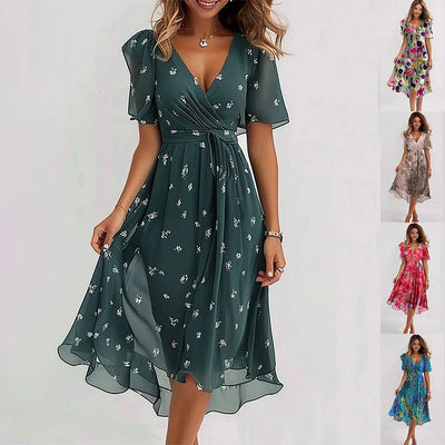 Chiffon Printed Short Sleeve Dress Summer Elegant V-neck Dresses Womens Clothing - Believe Grace 