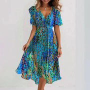 Chiffon Printed Short Sleeve Dress Summer Elegant V-neck Dresses Womens Clothing - Believe Grace 
