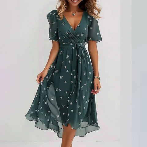 Chiffon Printed Short Sleeve Dress Summer Elegant V-neck Dresses Womens Clothing - Believe Grace 