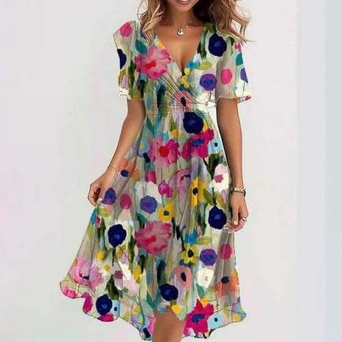 Chiffon Printed Short Sleeve Dress Summer Elegant V-neck Dresses Womens Clothing - Believe Grace 