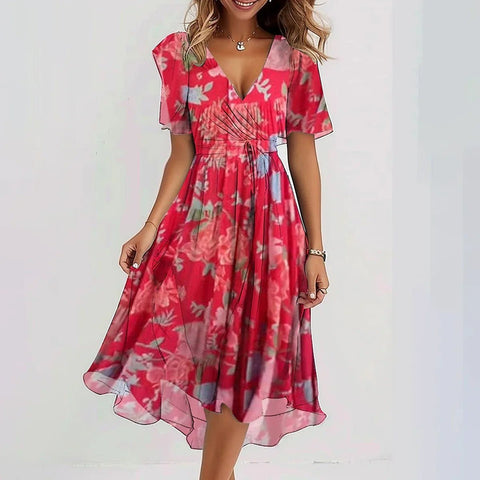 Chiffon Printed Short Sleeve Dress Summer Elegant V-neck Dresses Womens Clothing - Believe Grace 