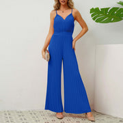 V-neck Suspender Pleated Jumpsuit Solid Color Loose Straight Pants Womens Clothing - Believe Grace 