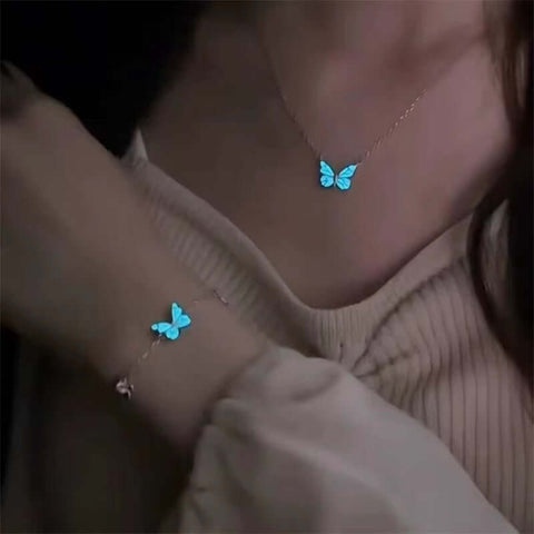Fashion Blue Luminous Butterfly Necklace Bracelet Set For Glow In The Dark Women Clavicle Chain Choker Party Jewelry Set Gift - Believe Grace 