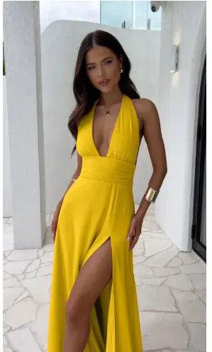 Sexy Halterneck V-neck Slit Dress Summer Backless Strappy Skirt Fashion Temperament Clothing Women - Believe Grace 
