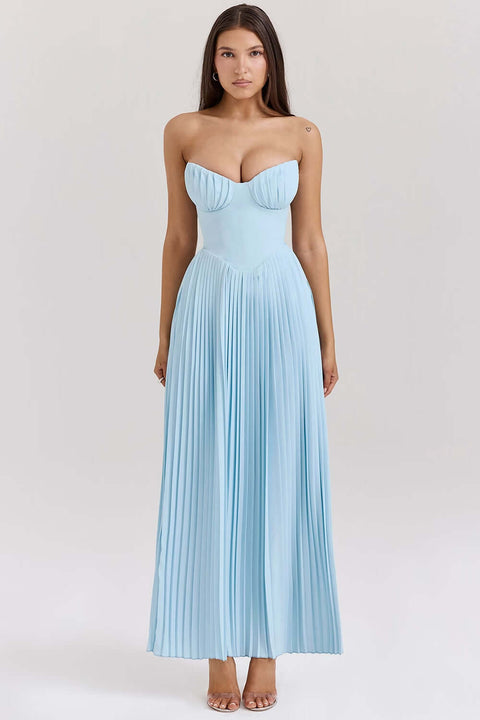 Blue Strapless Slimming Pleated Tight Dress - Believe Grace 